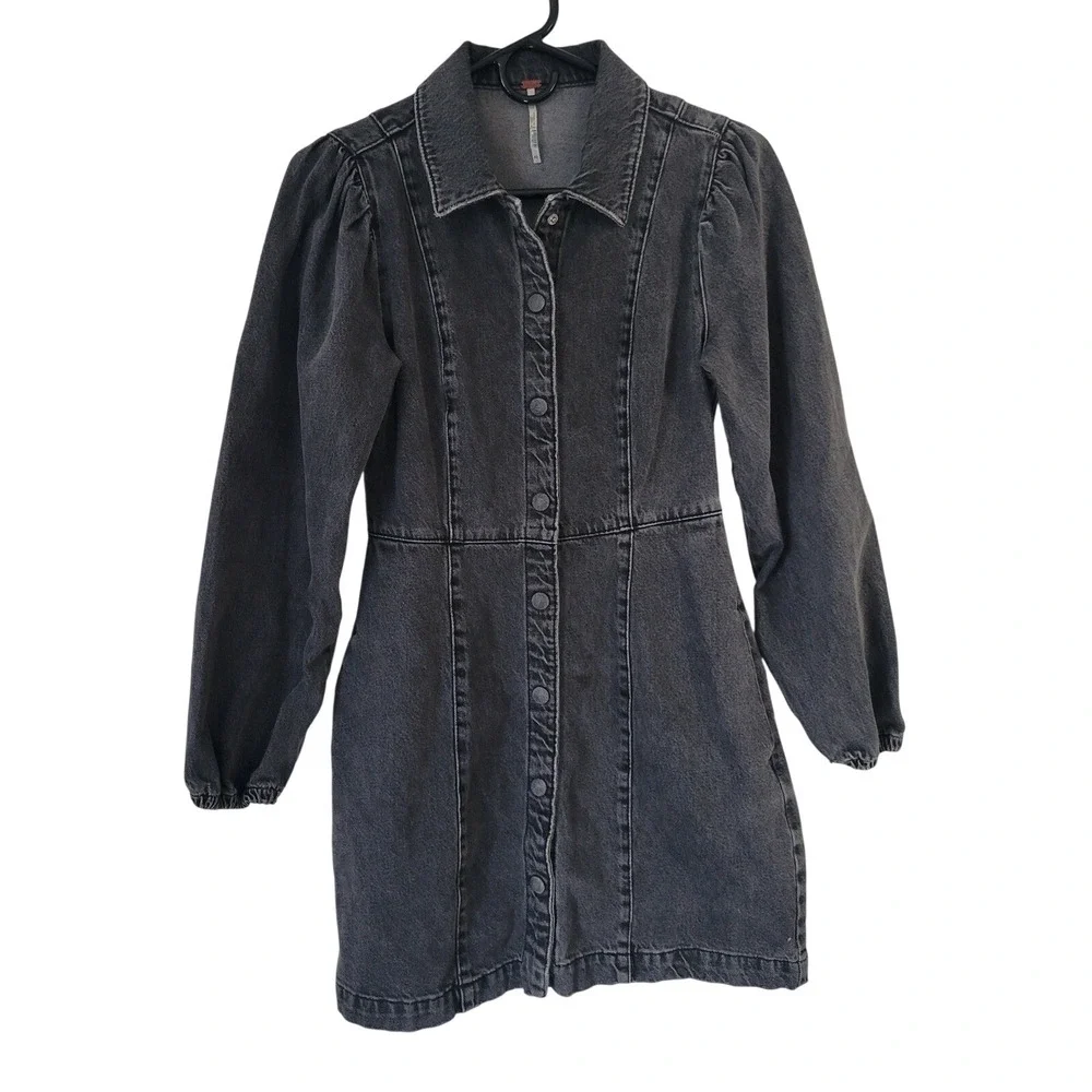 Free People Denim‎ Mini Dress XS Disstressed Black Long Sleeve Snap Front Grunge